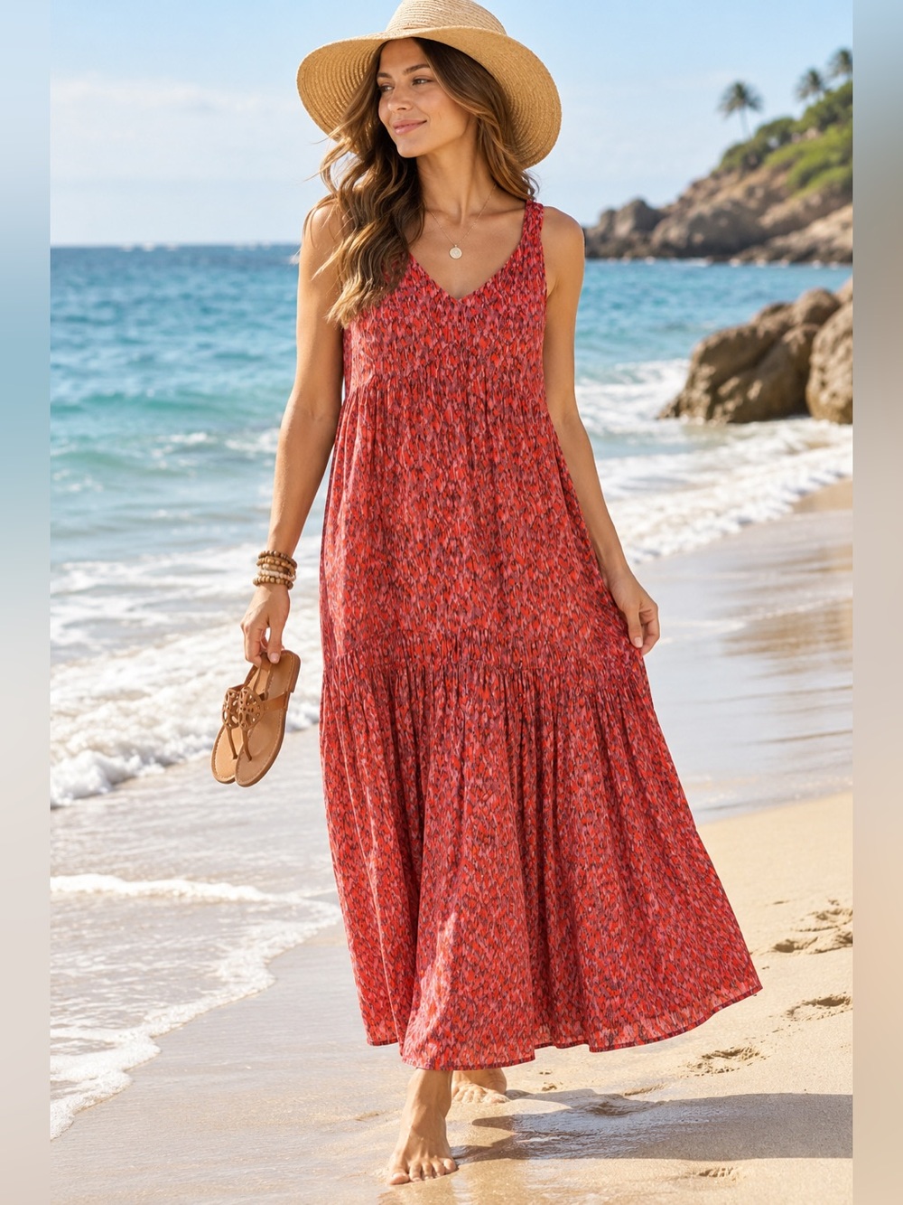 Joie Maxi Dress Red Tiered 100% Cotton Boho Resort Vacation Beach Summer Size M
